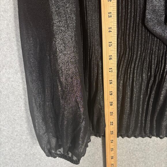 Nanette Lepore Blouse Small Metallic Sheer Sleeve Neck Bow Tie Cord Pleated - Picture 9 of 13